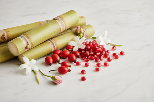 squalane (sugar cane), rosehip pomegrante, no dropper or vials in pics a few flowers